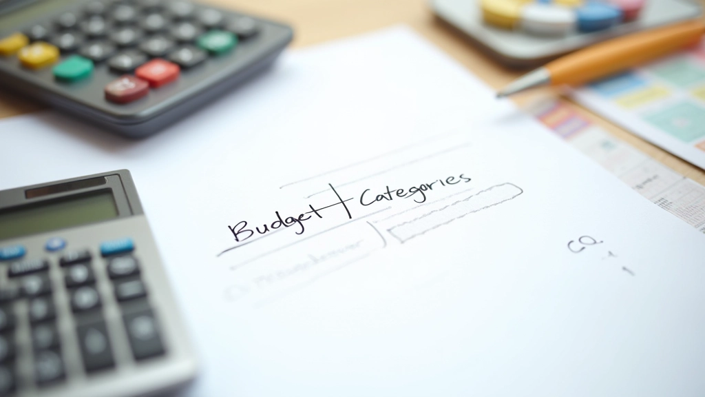 Různobarevné kategorií výdajů na papíře s kalkulačkou a perem