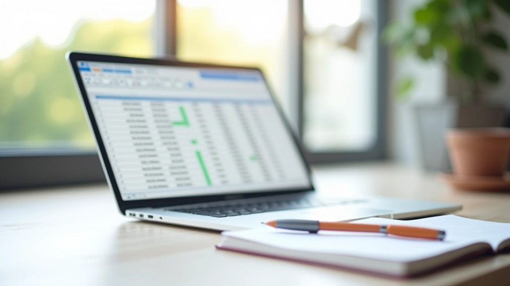 Pracovní stůl s notebookem zobrazujícím tabulku s finančními daty, poznámkový blok a tužka, přirozené osvětlení