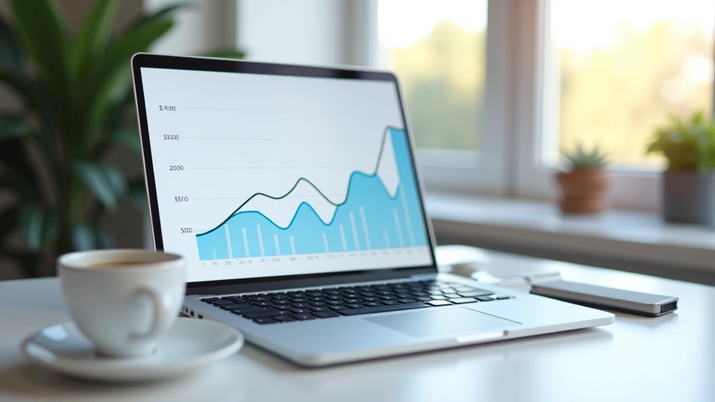 Laptop se zobrazeným grafem trendů výdajů v čase s vzestupnými a sestupnými čarami