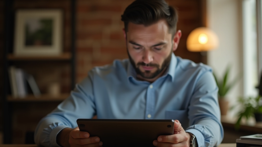 Muž studuje rozpočet na tabletu v domácím prostředí