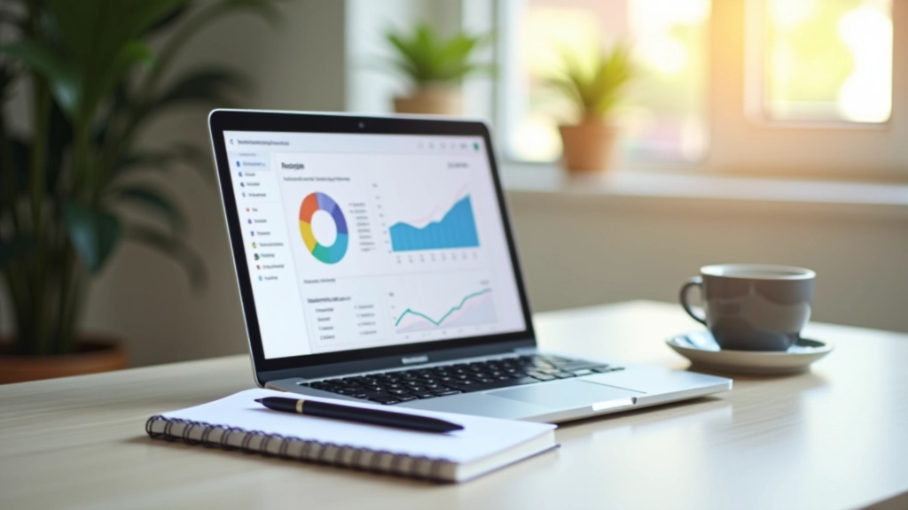 Moderní pracovní prostor s notebookem zobrazujícím finanční nástoje a rozpočtovací poznámkami