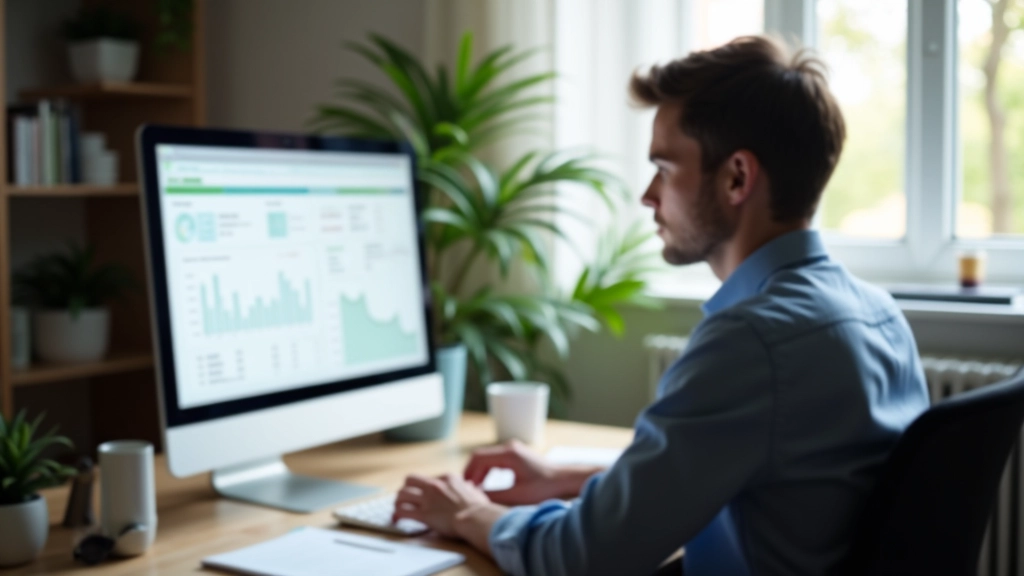 Osoba pracující s finančními daty na počítači, moderní domácí kancelář s přírodním osvětlením
