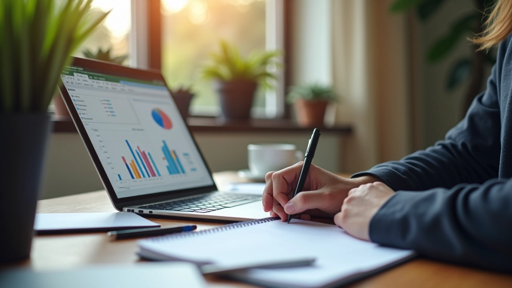 Osoba pracující na laptopě s rozpočtovacím spreadsheetu a poznámkami o finančních nástrojích