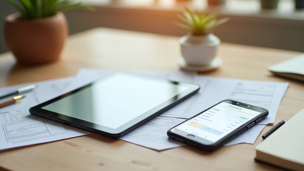 Tablet s tabulkou rozpočtu a mobilní telefon vedle něj na kancelářském stole