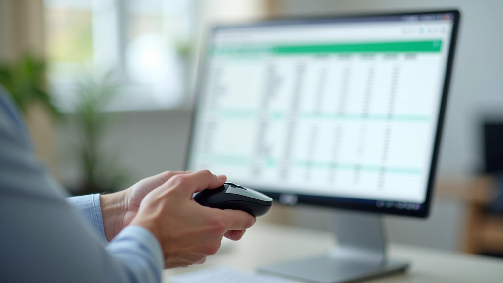 Ruka na myši, počítač zobrazuje rozpočetní šablonu s vyplněnými kategoriemi a čísly