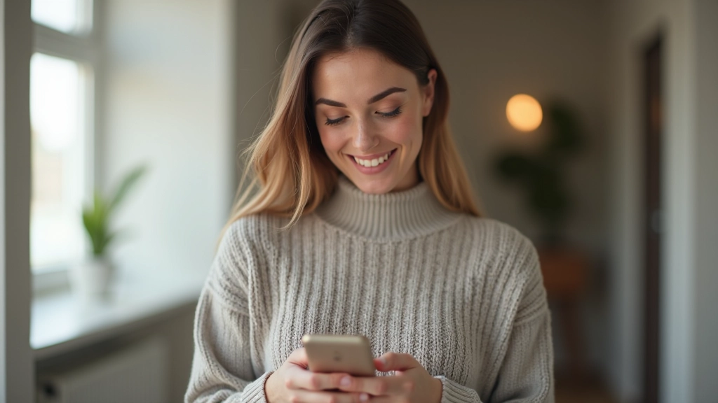Žena kouká na telefon se spořící aplikací a grafem růstu peněz